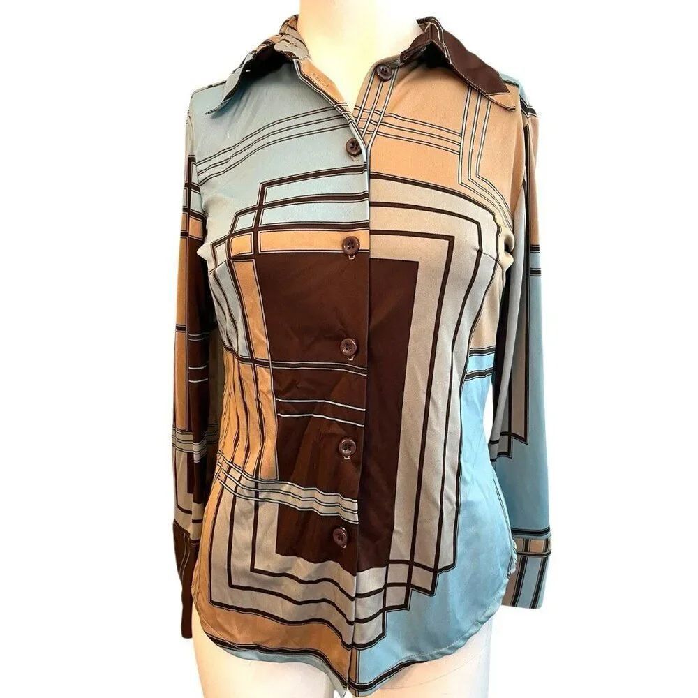 Free Paris Size XS Blouse Button Up Abstract Geometric Retro 70s Blue Brown